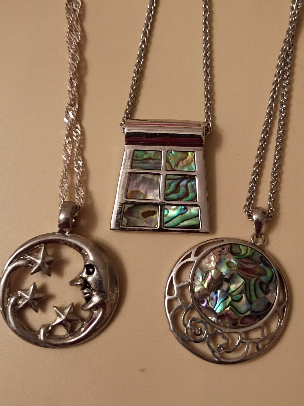 VTG 2 Abalone 1 Celestial Moon Star Necklace 18-19" New Chains V.Good Cond Nice!